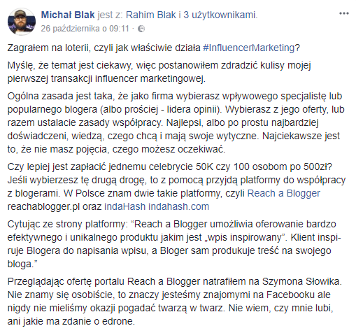 wpis Michała na Facebooku